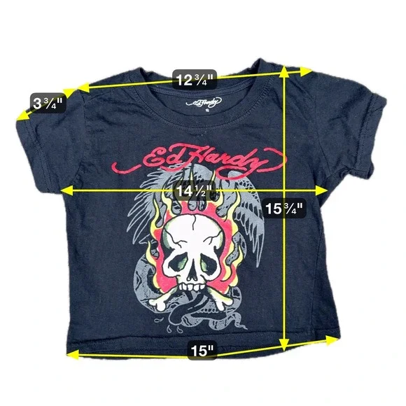 Y2K Ed Hardy Small Skull Flames Crop Top Black‎ Short Sleeve Tee Tattoo Graphic - Picture 4 of 8